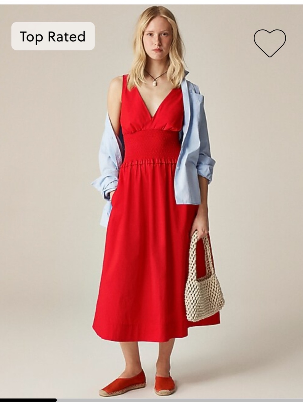 NWT J.Crew plunge smocked-waist dress in cotton poplin, Vintage Red, Size S